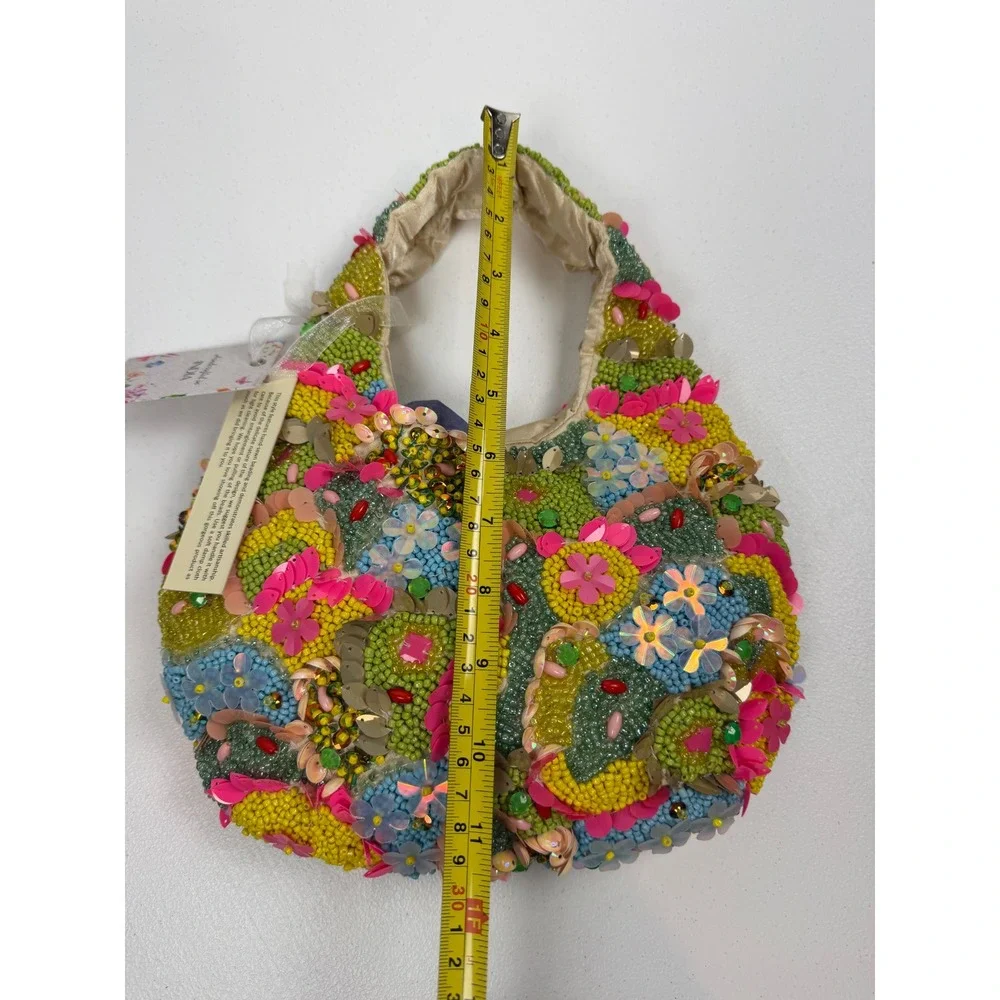 Handcrafted India Beaded Floral Hobo Bag Sequin Embellished Multi Color Handbag